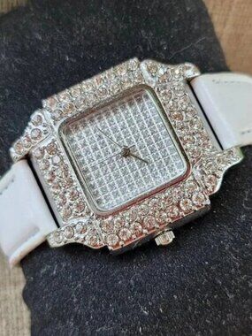 Gramercy Women Watch Square Face Crystals Accent Bezel Silver Tone White Strap